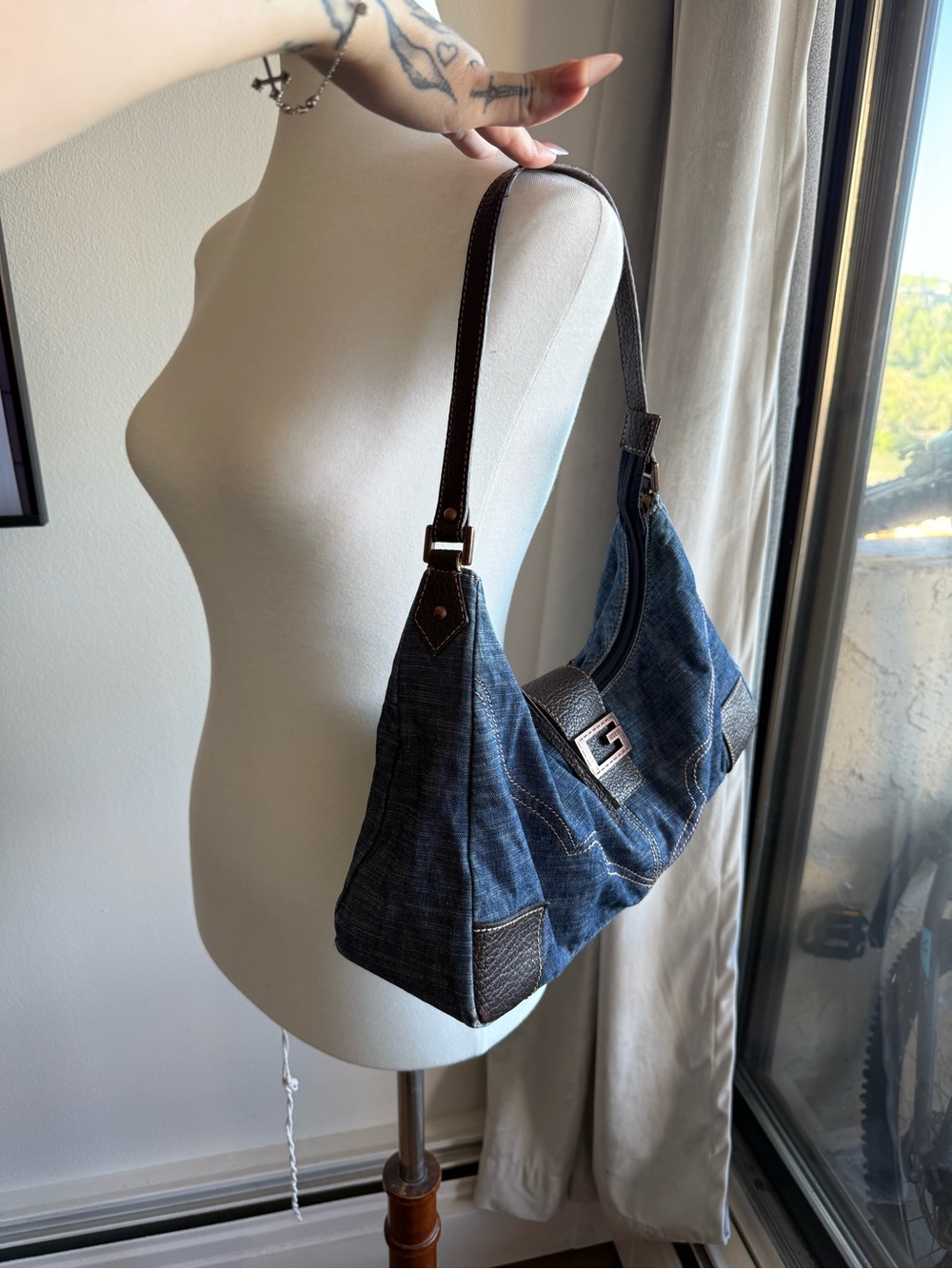 Guess Denim Shoulder Bag with Dark Brown Trim - Picture 2 of 11